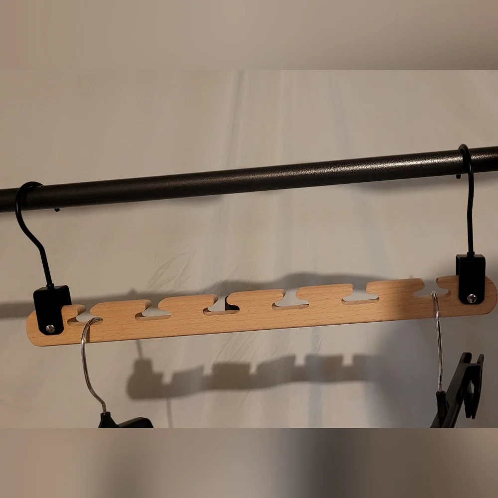Natural Wood Space Saver Rack Hanger with Black Hooks, For Hangers Or Ties
